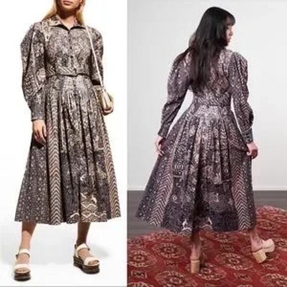 ULLA JOHNSON Lucinda Puff Sleeve Corduroy Button Collared Midi Dress Size 10 - Picture 2 of 14